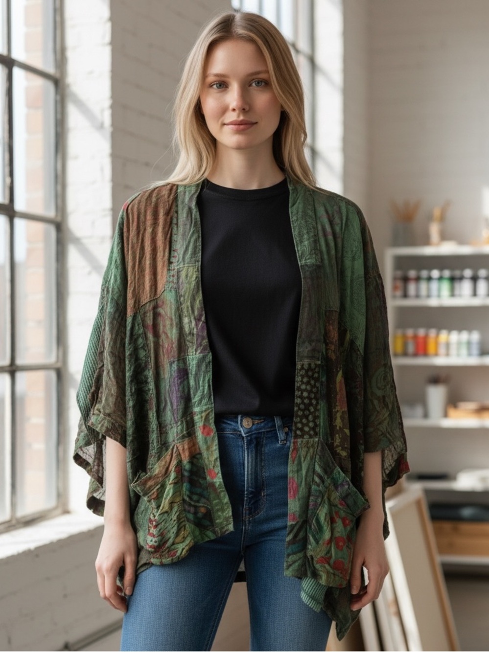 “The Deb” Green Patchwork Boho Kimono Jacket